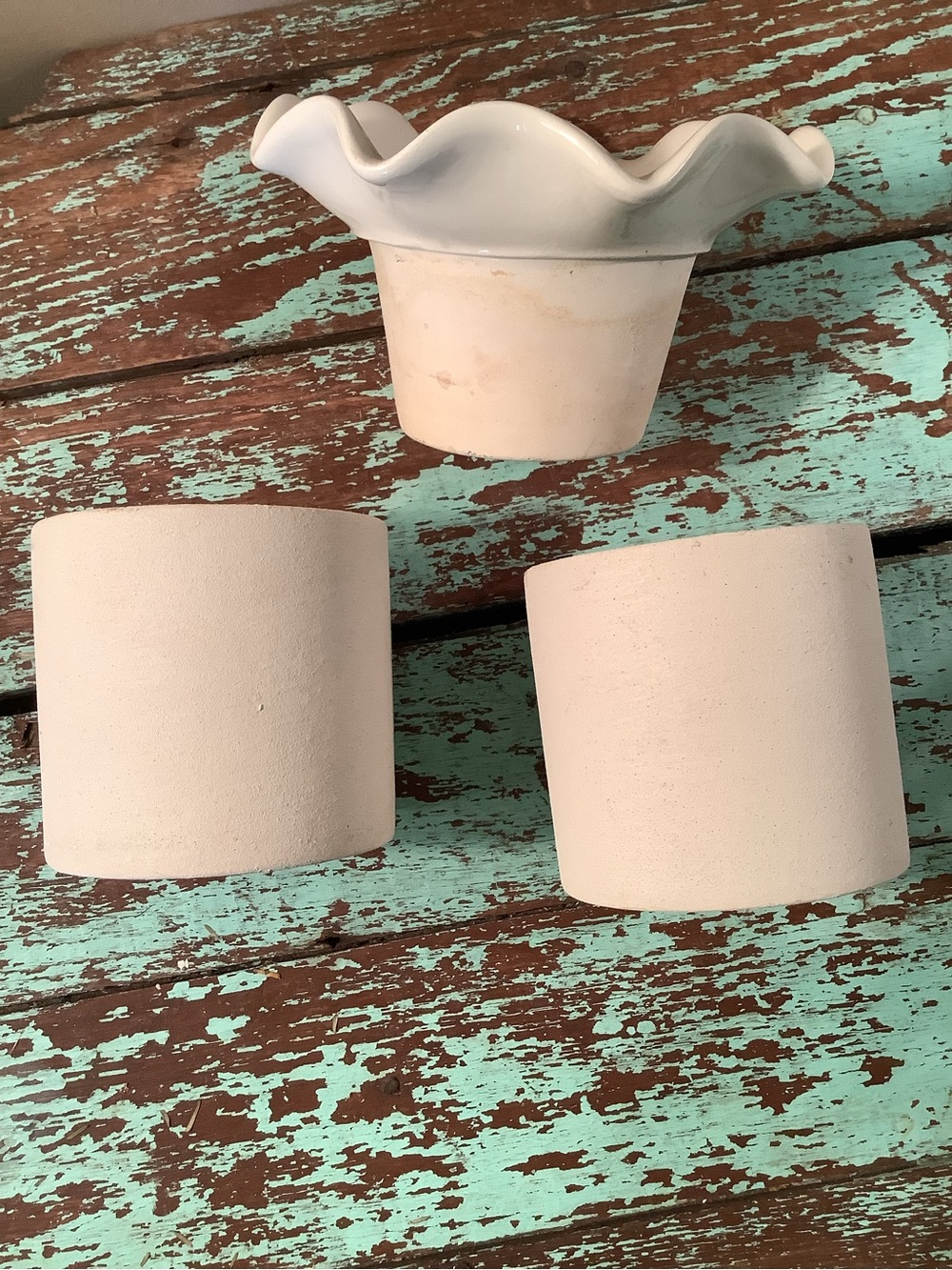 Vintage White Ruffled Ceramic Vase + 2 Ceramic Cylinder Vases